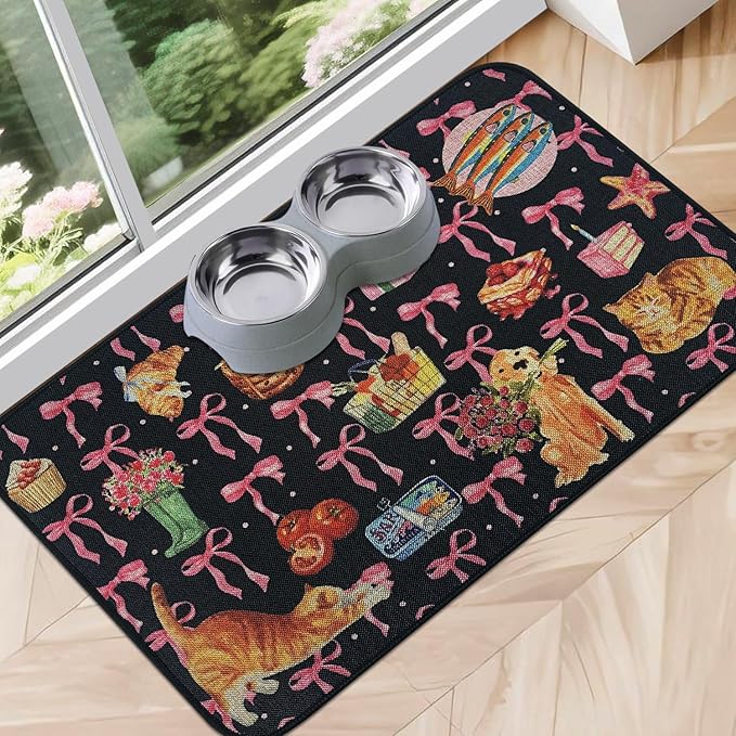 SHIYUE Dog Food Mats for Floors, Absorbent Cat Bowl for Food and Water, Non-Slip Accessories Pet Supplies(16"x24",Black Bow Food)
