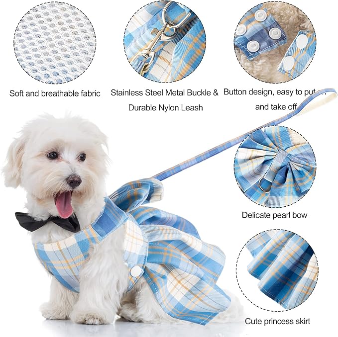 4 Pcs Cute Plaid Dog Dress Set with Bow Tie Harness & Leash for Small Dogs, Puppy Clothes for Girls Outfits(S,Dark Color)