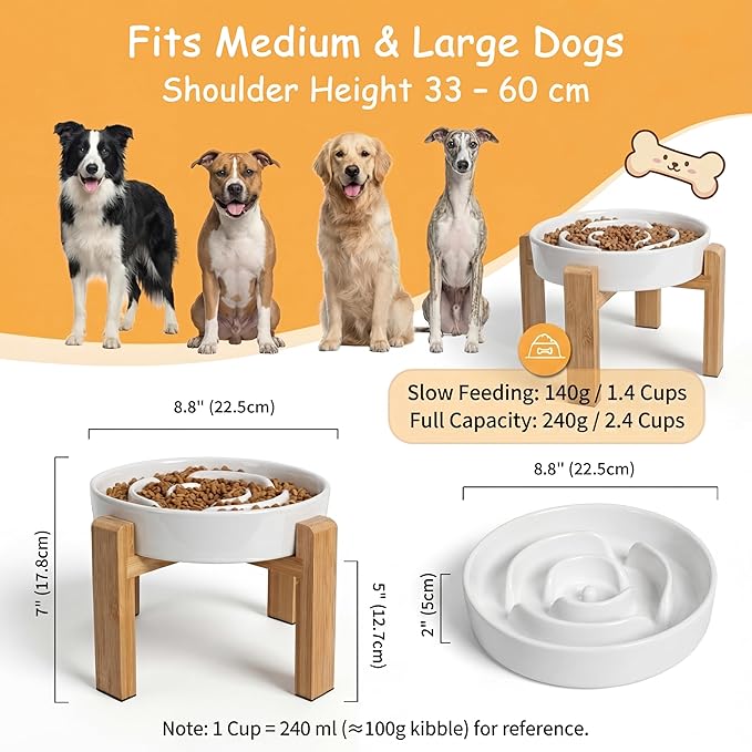 Elevated Slow Feeder Dog Bowl - Upgraded with Screwed Bamboo Stand - Ceramic Maze Dish for Fast Eaters - Raised Feeding Bowl for Medium and Large Dogs - White - 8.4 inch