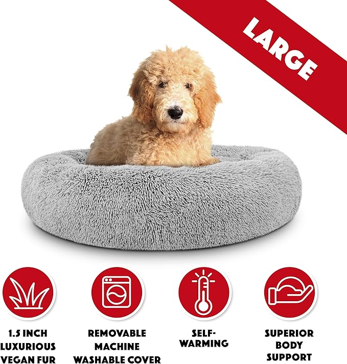 The Dog’s Bed Calming Plush Donut Dog Bed, Replaceable Zip Cover, Silver Grey Fur, Large