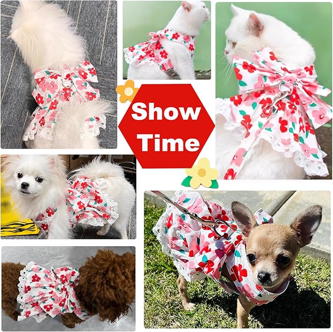 Dog Harness Dress Leash Set for Small Dog Summer Clothes Girl Female Puppy Cats Outfits Cute Floral Bowknot Princess Birthday Dress for Extra Small Pet Doggie Kitten Outfits Apparel(Red,S)