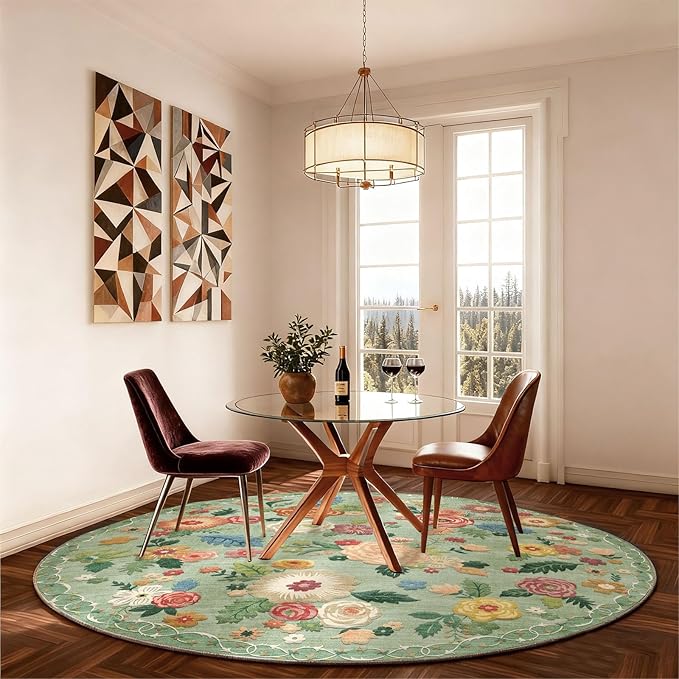 4x4 Round Bedroom Rug Washable: Round AreaRug Stain Resistant Green Floral Rug Non Slip Low Pile Small Carpet for Bedroom Kitchen Entryway Living Room Bedside Office Dorm Kids Room Entrance