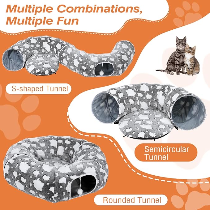 Cat Tunnels for Indoor Cats, 35'' Plush Cat Tunnel Bed with Playful Ball and Circle Cushion, Multifunctional Peekaboo Cat Cave, Interactive Toy Gift for Cats, Kittens, Rabbits, Gray&Cloud