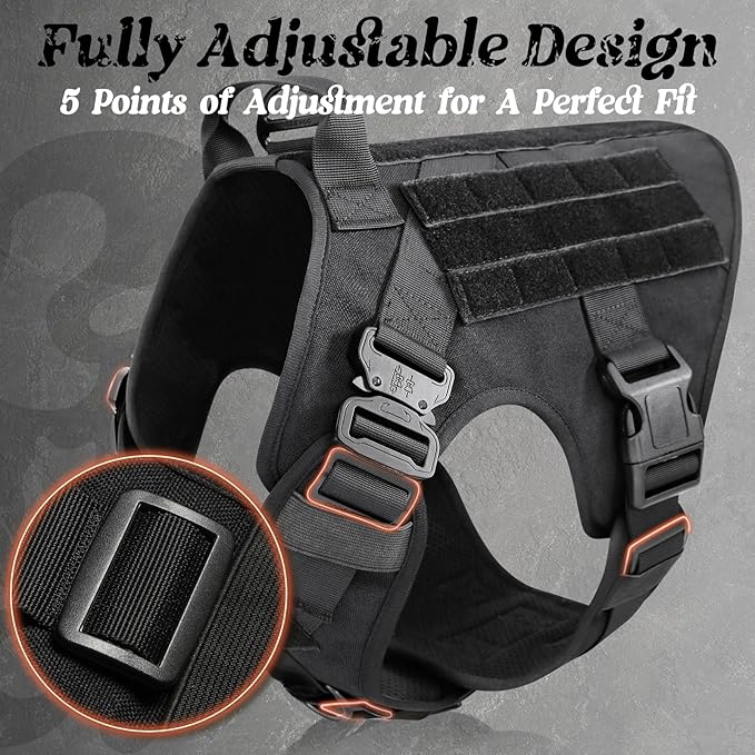 rabbitgoo Tactical Dog Harness for Large, Heavy Duty Pet Harness with Handle, No-Pull Service Vest Large Breed, Adjustable Military Dog Vest for Training Hunting Walking, Black, L