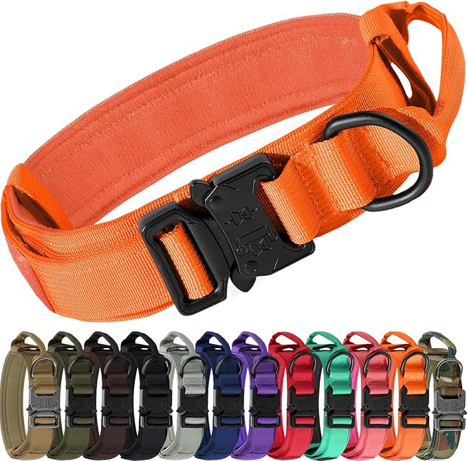 Joytale Tactical Dog Collar with Handle, Adjustable Heavy Duty Military Collar with 2 Patches for Training, Suitable for Medium Dogs, Orange, M