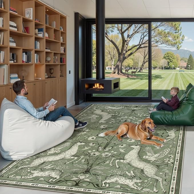 Lahome Boho Animal 5x7 Washable Living Room Area Rugs, Green Soft Rugs for Bedroom, Botanical Large Boho Non Slip Dining Room Carpet for Under Table Entryway Kitchen Office (5x7ft,Green)