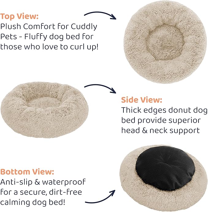 Donut Dog Bed - Premium Comfort for Anxiety Relief - Fluffy & Calming Design with Ultra-Plush Support | Cozy Round Dog Bed with Super Soft Circle Style (Beige, Small)