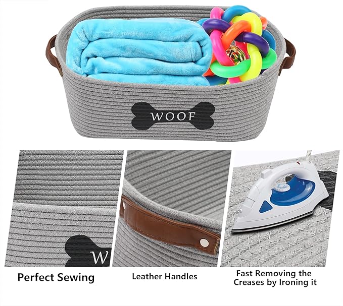 Morezi Cotton rope dog toy basket with handle, large dog bin, puppy kitty bed, dog toy basket - Perfect for carry pet toys, blankets, leashes, chew toys, diapers - Gray