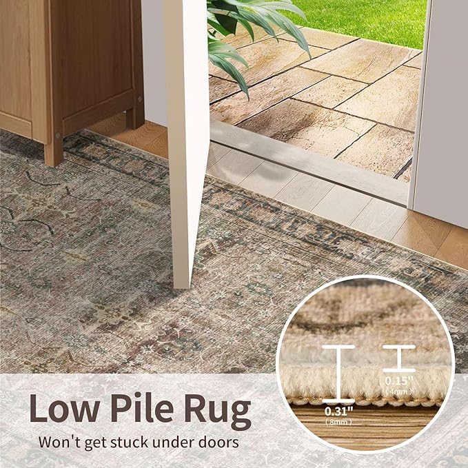 Area Rugs for Living Room Bedroom, Washable Rug, Brown Vintage Retro Boho Rug, Non Slip & Low Pile Wool Thin Carpet for Indoor Dining Room, Kids Room and Office(Charcoal/Olive 4x6ft)