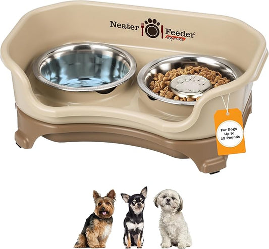 Neater Feeder Express Mess Proof Dog Bowls Elevated for Small Breeds Under 15 Lb, Made in USA, No Spill Raised Dog Food Bowl Stand, Stainless Steel Slow Feed and Standard Water Bowl Set, Cappuccino