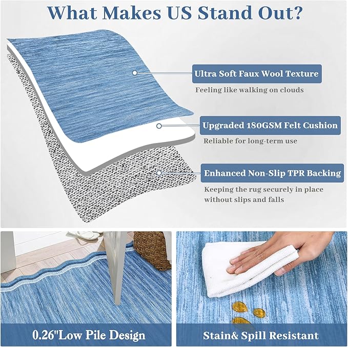 GarveeHome Scalloped Washable Rug 9x12 Area Rugs for Living Room Modern Solid Carpet for Bedroom Abstract Irregular Scalloped Non-Slip Low-Pile Accent Carpet for Farmhouse Dining Room (Blue, 9x12)