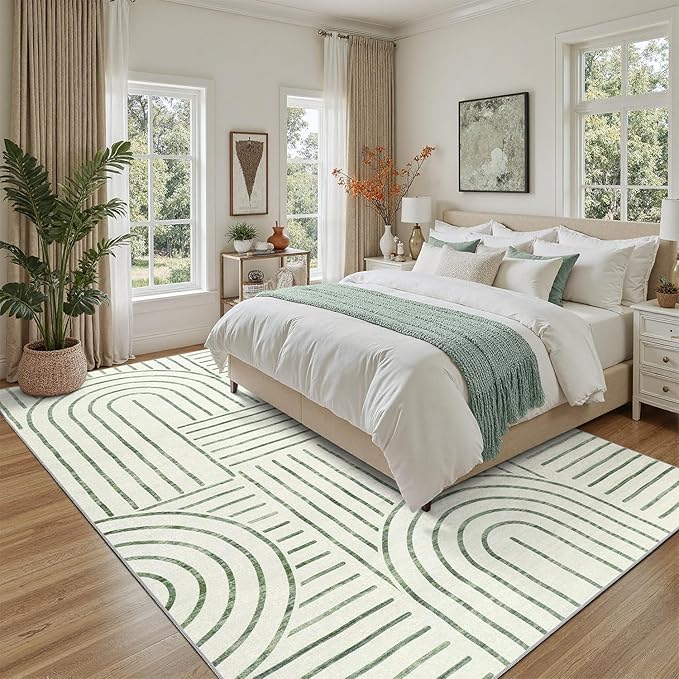 DCX Abstract Machine Washable 6x9 Rug, Sage Green Modern Accent Rug for Living Room, Soft Low Pile Non Slip Carpet, Kid & Pet Friendly Stain Resistant Rug for Bedroom Dining Room Office