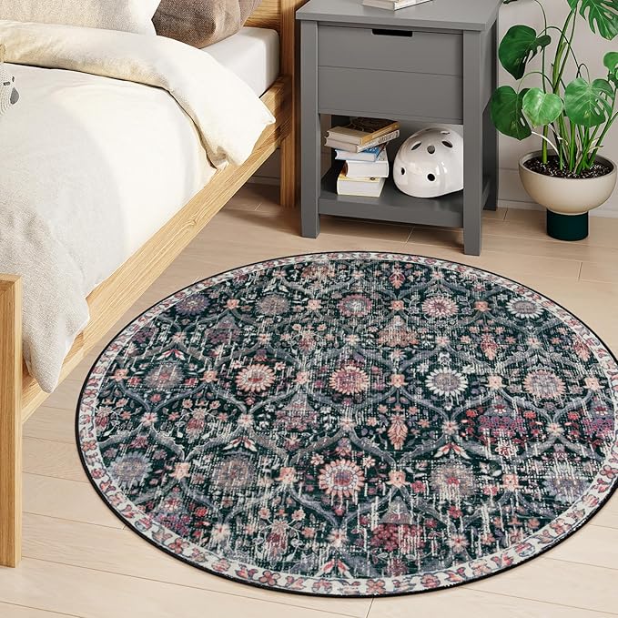 Lahome Moroccan Trellis Washable Round Rugs, Non-Slip Soft Round Rug 4ft Ultra-Thin, Small Vintage Circle Carpet for Entryway Kitchen Bedroom Nursery Bathroom, Black/Multi