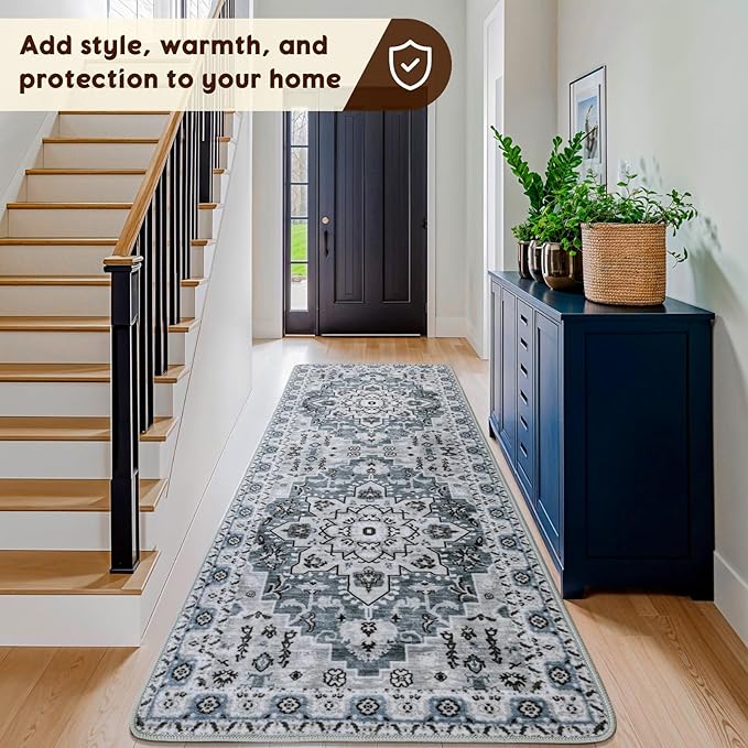 LBRO2M Boho Runner Rug 2X6 Hallway Rug Non Slip Washable Runners for Hallways, Bedroom, Kitchen Laundry Room Pet Friendly Area Rugs (2X6, Dusty Blue)
