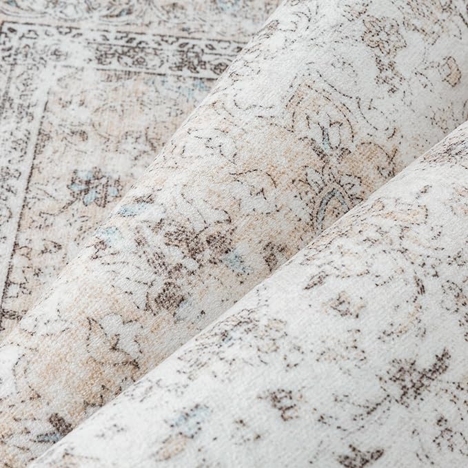 2.6x8 Washable Vintage Runner Rug for Living Room Bedroom Beige Grey Soft Tranditional Non Slip Runner Rug Lightweight Floral Low Pile Distressed Carpet Hallway Kitchen Bedroom