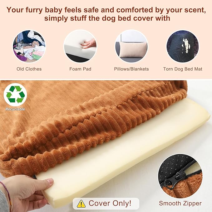 BEAUTYZOO Waterproof Dog Bed Cover Replacement Washable, Soft Plush Dog Bed Covers Removable with Zipper, Antislip Noiseless Ped Hair Pee Resistant Bedding Liner for Puppy Cat, 40x30inch, Brown XL