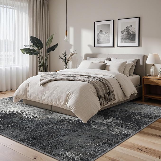 Area Rugs 10x12 for Living Room Bedroom, Modern Abstract Machine Washable Rug, Large Soft Low Pile Floor Carpet with Non Slip Backing for Dining Room, Black