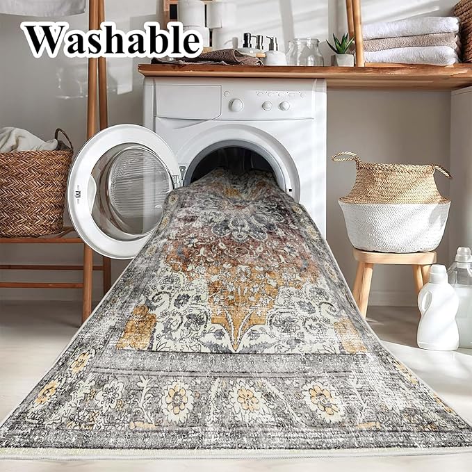 Area Rug 4x6 Washable Rug Taupe Vintage Traditional Floor Cover Foldable Thin Retro Accent Indoor Distressed Non Slip Carpet Floral Print Mat Bedroom Living Room Bathroom