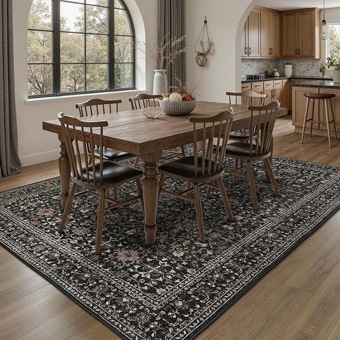 DCX Black 9x12 Rug, Kid & Pet Friendly with Rubber Back Non Slip, Machine Washable Stain Resistant Vintage Traditional Distressed Carpet, Rug for Living Room, Bedroom, Home Decor