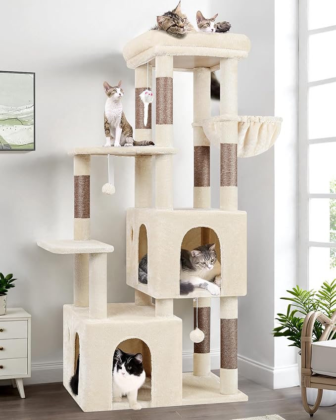 Globlazer Cat Tower for Indoor Cats, Heavy Duty Cat Trees for Large Cats Adult Big Cats Maine Coon Cat Tree Tower with Scratching Post, Extra Large Top Perch, Cat Condos, F61, Beige, 61inch