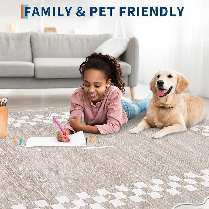 GarveeHome 8x10 Area Rug for Living Room Scalloped Washable Large Bedroom Rug Non Slip Stain Resistant Modern Border Dining Room Throw Carpet Scalloped Boho Rug for Home Decor Office Nursery, Fog