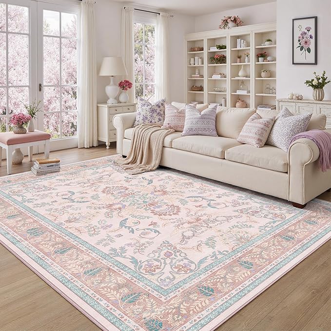 DCX Floral Area Rugs 9x12 Living Room, Soft Anti-Skid Machine Washable Pink Area Rugs Stain Resistant Neutral Boho Carpet for Bedroom Large Low Pile Lightweight Room Rug