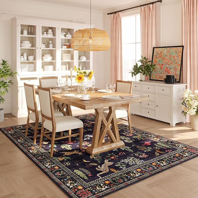 Rugcomf Living Room Rug 6x9 Rug Machine Washable Boho Area Rug Non Slip Floral Animal Vintage Low Pile Large Rug for Living Room, Bedroom, Farmhouse, Dining Room, Kids Playroom (Blue)