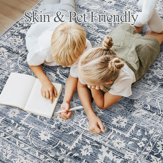 5x7 Area Rugs for Living Room, Washable Vintage Floral Non-Slip Low Pile Natural Rug Soft Throw Carpet for Dining Room Bedroom Home Office Nursery (Blue, 5'x7')