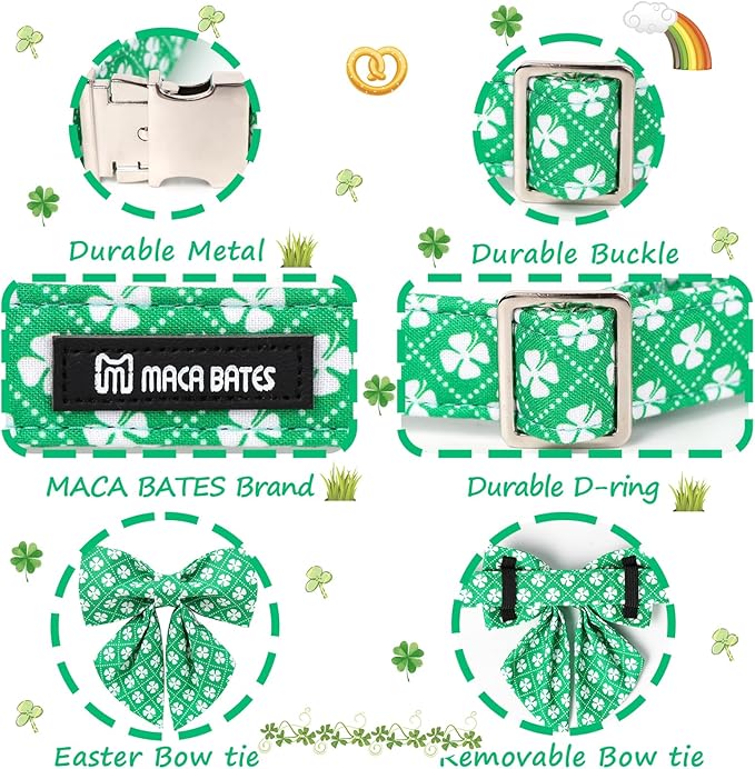 Maca Bates St. Patrick's Day Shamrock Dog Collar,Sailor Bow,Extra Small Girl Boy Dogs, Checkered Lucky Clover Pattern,Adjustable Durable Soft Checkered Collars Irish Gift for Male Female Puppy