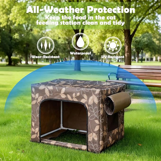 Outdoor Cat House Weatherproof Feeding Station for Food & Water,Large Clawsable Cat Houses for Outdoor Cats,Waterproof Kitty Dining Room Cats Shelter for Stray,Feral & Community Cats (Green)