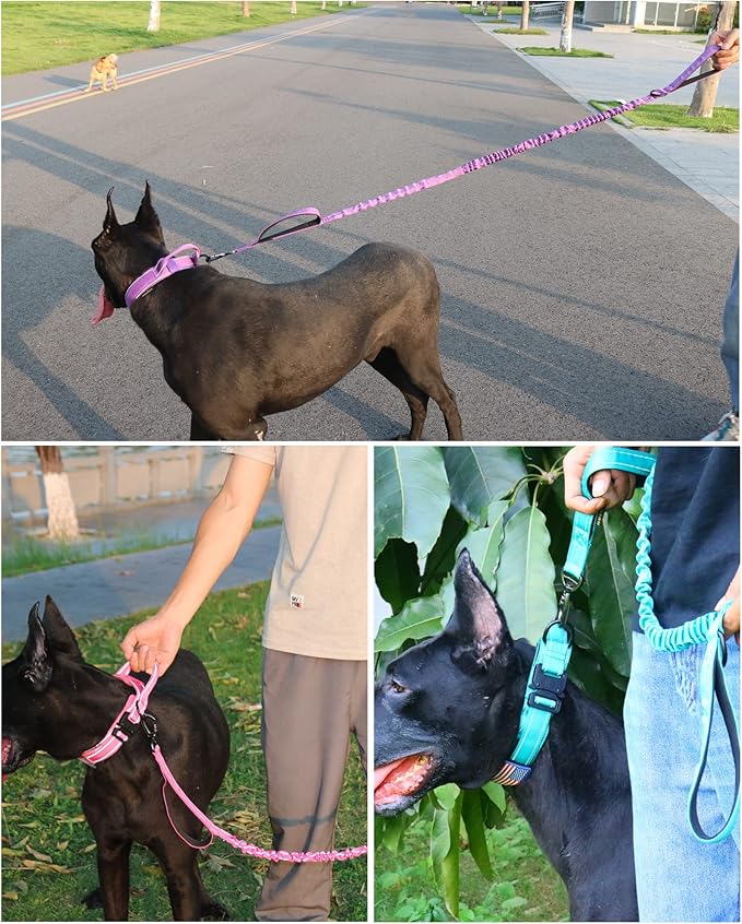 AUBELL Tactical Dog Collar and Leash Set, Reflective Adjustable Heavy Duty Military K9 Collars with Handle and Metal Buckle for Medium Dogs, with Airtag Case and 2 Patches(Purple,M)