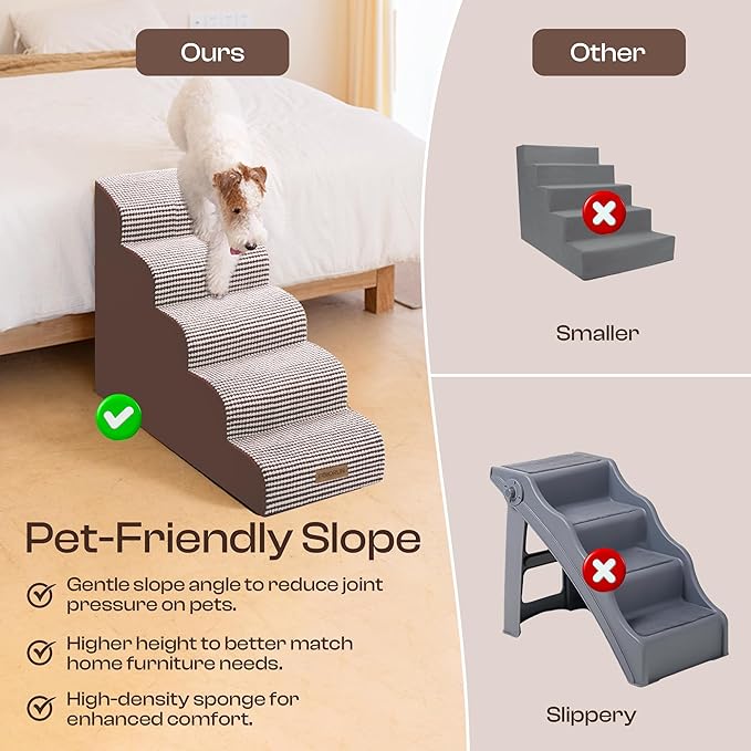 Curved Dog Stairs for High Bed Up to 26", 5-Step Dog Ramp for Small Dogs with Washable Cover, Non-Slip Steps for Cats to Get on Couch and Sofa, Durable Foam Ladder for Medium Breeds, White Coffee