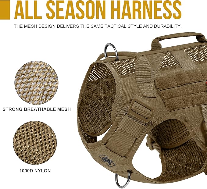 OneTigris No Pull Tactical Dog Harness for Medium Large Dog, Mesh Design Breathable Service Dog Vest with Handle, Military Dog Vest Harness with Molle Panels for Walking Hiking Training (XL, Brown)
