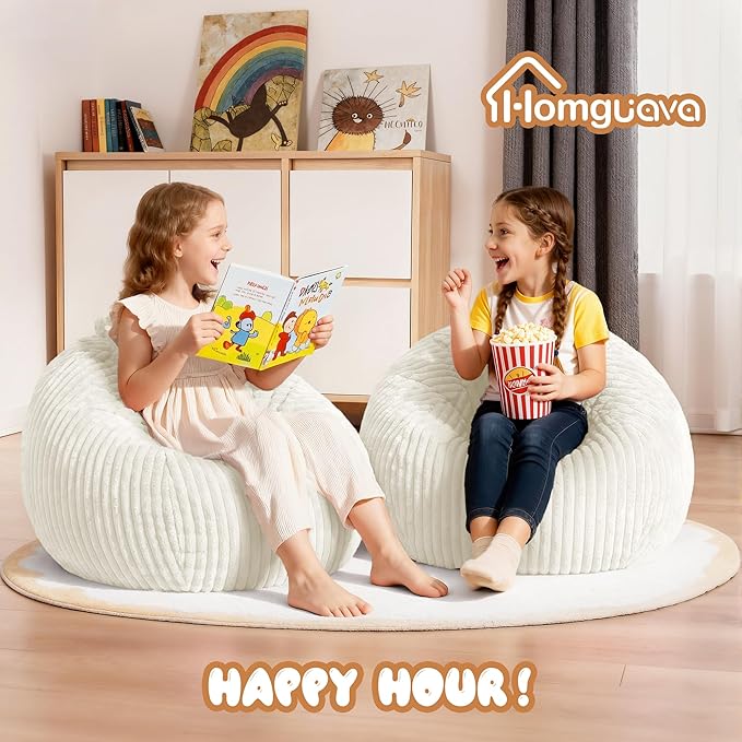 Homguava 2Pcs of 2FT Bean Bag Chair, 2' Small Bean Bags with Memory Foam Filled, Beanbag Chairs with Machine Washable Cover Dutch Corded Plush Cover for Classroom,Living Room,Bedroom-White
