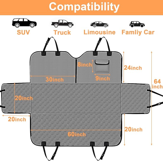 Mancro Dog Car Seat Cover, 2025 Upgraded 600D Heavy Duty Waterproof & Scratch-Resistant Dog Hammock for Car, Back Seat Pet Cover for Dogs with Sedan and SUVs, X-Large, Grey