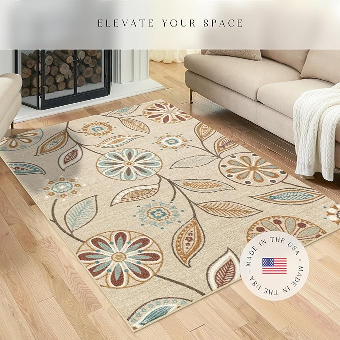 Maples Rugs Reggie Floral Area Rug - Made in USA - Low Pile, Non Slip, Pet-Friendly Mat for Living Room, Bedroom, and Office, 5' x 7', Beige