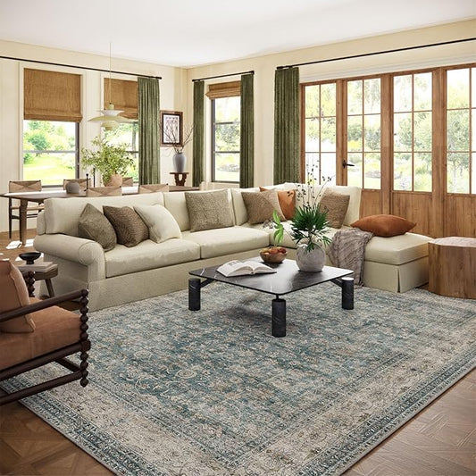 Area Rugs 9x12 Living Room: Washable Rugs for Bedroom Vintage Stain Resistant Non Slip Low Pile Large Boho Carpet for Kitchen Dining Room Farmhouse Kids Room Nursery