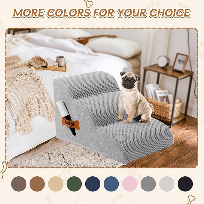 Romrol Dog Stairs Ramp for High Beds Couches, High Density Foam Pet Steps with Durable Non-Slip Waterproof Fabric Cover, Dog Stairs for Small Dogs or Cats or Pets, 3-Step,15 Inch,Light-Grey
