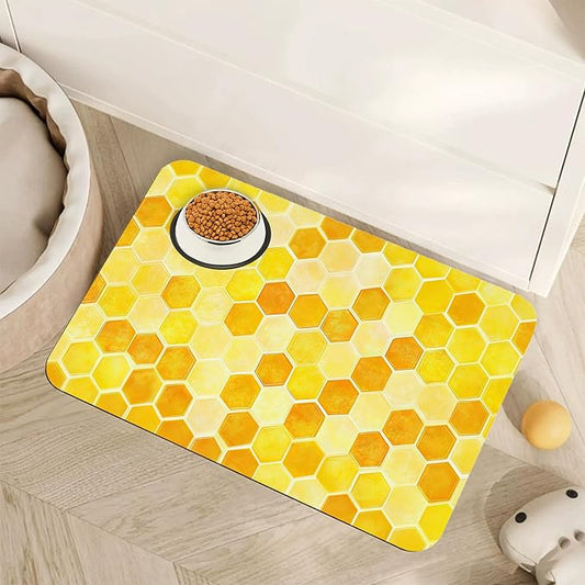 Honeycomb Bee Geometric Dog Food Mat for Floors,Absorbent Quick-Dry Pet Feeding Mat,Cat Dog Bowl Mats for Food and Water,Non-Slip Pet Accessories Supplies 16"x24"