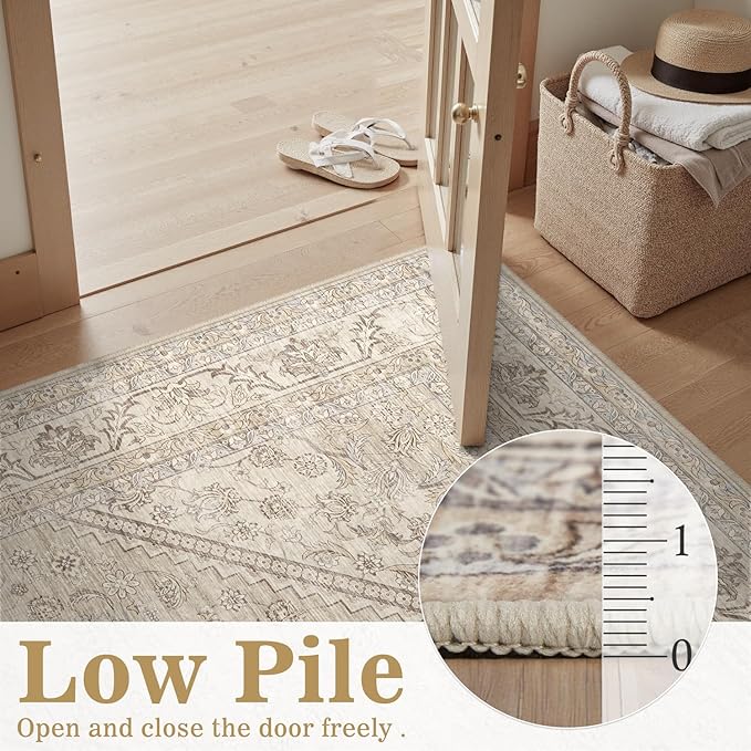 DCX Machine Washable Brown and Beige Entryway Rug 3x5, Non Slip Stain Resistant Vintage Floral Rug for Kitchen Bathroom Front Door Throw Rugs Indoor, Soft Low Pile Small Rugs for Entry