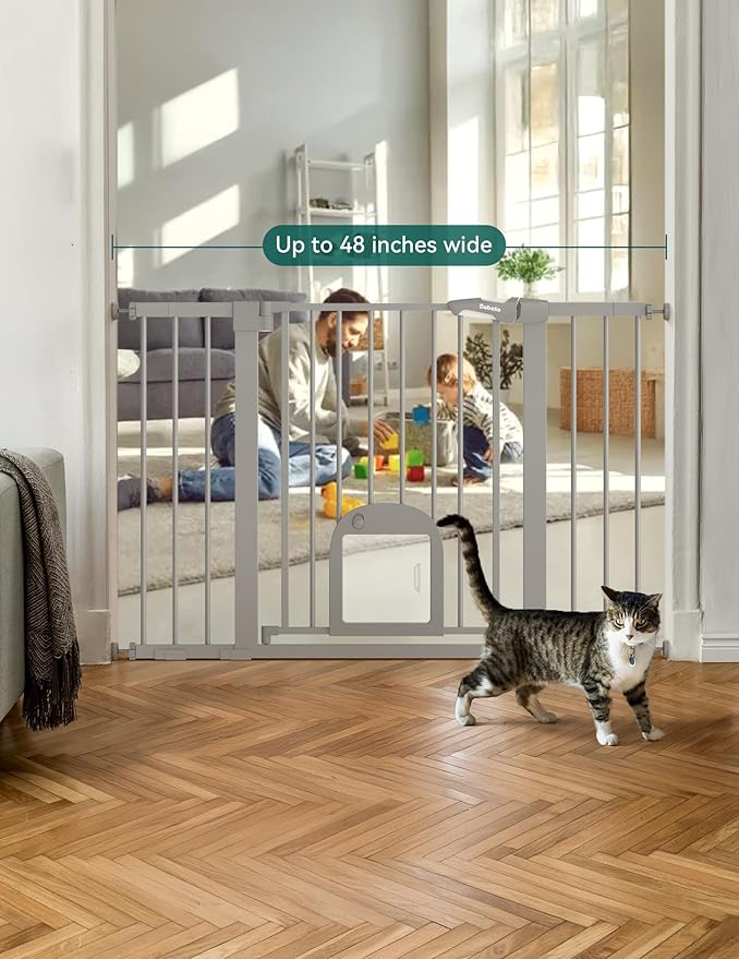 Babelio 29-48" Extra Wide Baby Gate with Adjustable Cat Door,Easy Install Pressure/Hardware Mounted,Auto Close Pet door for Stairs,House,Doorways,Effortless Walk Thru,Gray