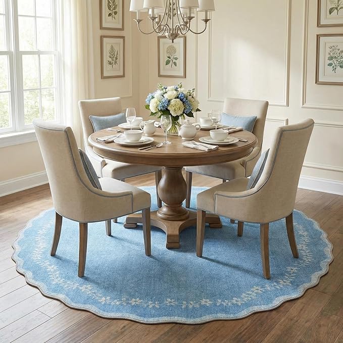 GarveeHome Round Area Rugs 4ft for Kids Room, Solid Blue Scalloped Washable Circle Rug Soft Non Slip Floral Print Floor Mat Carpet Indoor Thin Tent Rug for Bedroom Dining Room Playroom Nursery