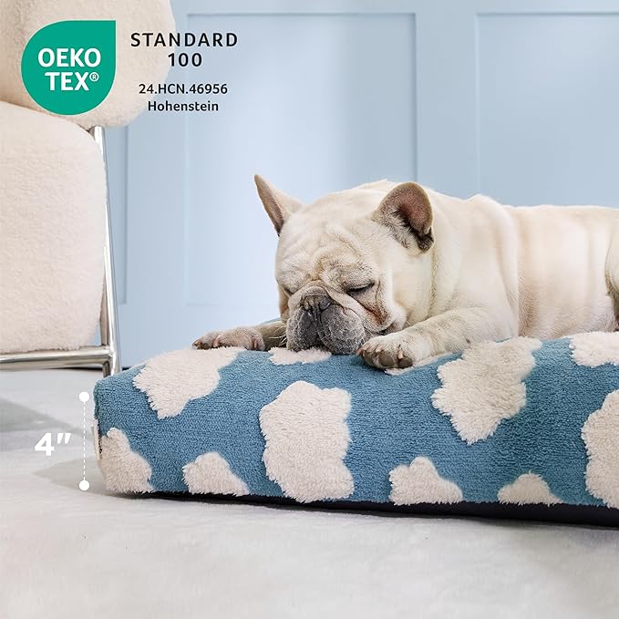 LE SURE Cute Large Dog Bed for Crate-Thick Shredded Chopped Foam Pet Bed as Gift for Indoor with Removable Washable Cover, Modern Fuzzy Plush & Anti Slip Bottom, Blue