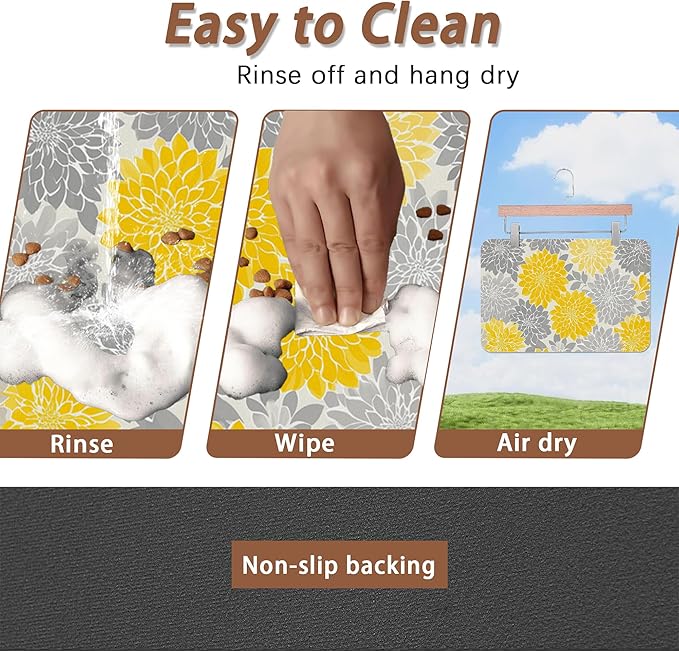 Dahlia Dog Cat Food Mat,Gray Yellow Flower Absorbent Pet Feeding Mat with Rubber Backing,Non-Slip Water Bowl Placemat,Indoor Pet Accessories Supplies 12"x20"