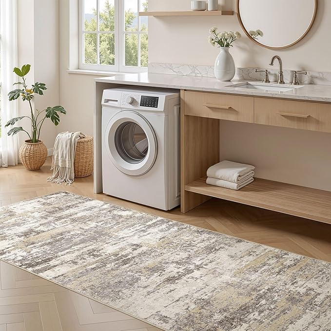 Hallway Washable Runner Rug: 3x14 Abstract Modern Soft Stain Resistant Non-Slip Backing Runner for for Entryway Kitchen Laundry - Gold Brown