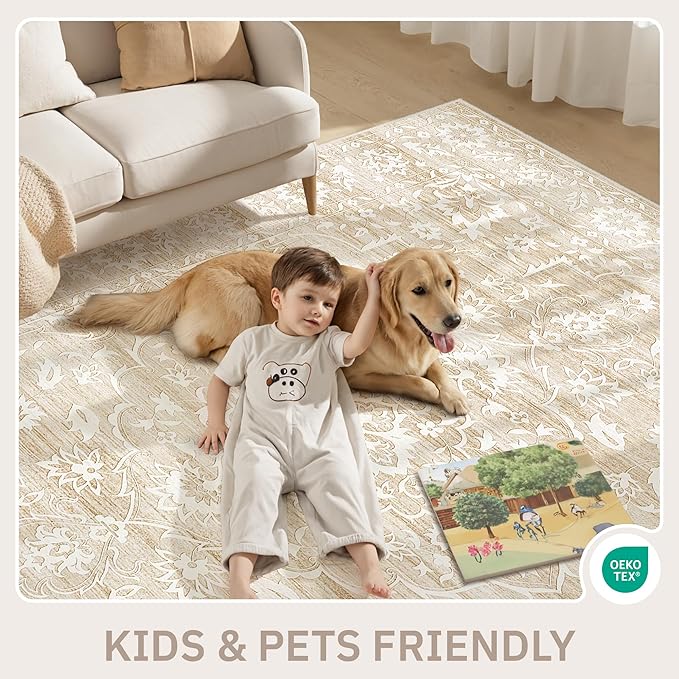 12x15 Area Rugs for Living Room, Stain Resistant Neutral Washable Rugs for Dining Room, Floral Vintage Non-Slip Thin Large Size Area Rug Beige