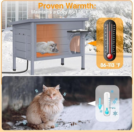 Heated Cat House for Outside - Wooden Insulated Cat Houses Outdoor, Winter Warm Cat Home Weatherproof Waterproof, Clawsable Feral Kitty Shelter with Heated Pad, Escape Door