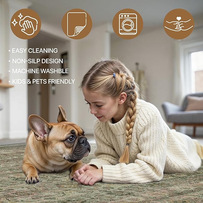 8x10 Area Rug Machine Washable Boho Rug for Living Room,Ultra-Thin Low Pile Carpet,Lightweight Indoor Printed Rug,Non Slip Floral Area Rug for Bedroom, Dining Room, Home Office,Sage