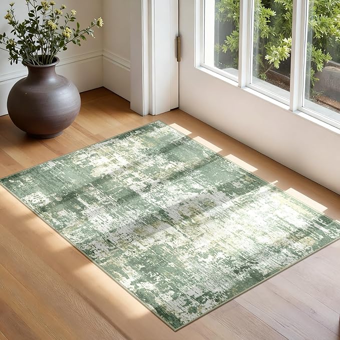 Washable Area Rugs 2'x3' Non-Slip Modern Abstract Soft for Living Room Entryway Bedroom Nursery, Print Pattern, Light Green/Yellow