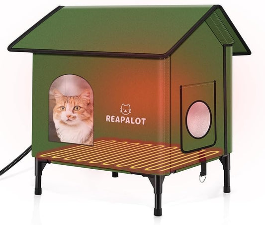 REAPALOT Heated Cat House for Outside Cat in Winter, Insulated Outdoor Feral Cat Shelter with Cat Heating Pad, Elevated Heated Kitty House for Multiple Cats (Green, M(20"x17.5"x23.6"))